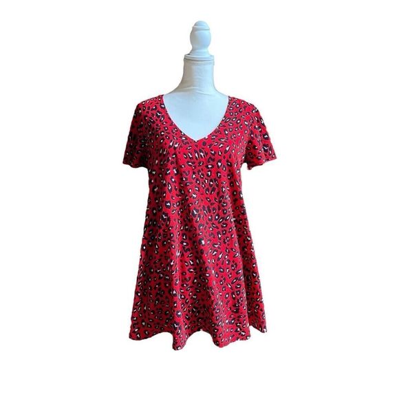 Adrienne Red Leopard Print Butterfly Sleeve Summer Dress V Neck US M - Picture 1 of 7